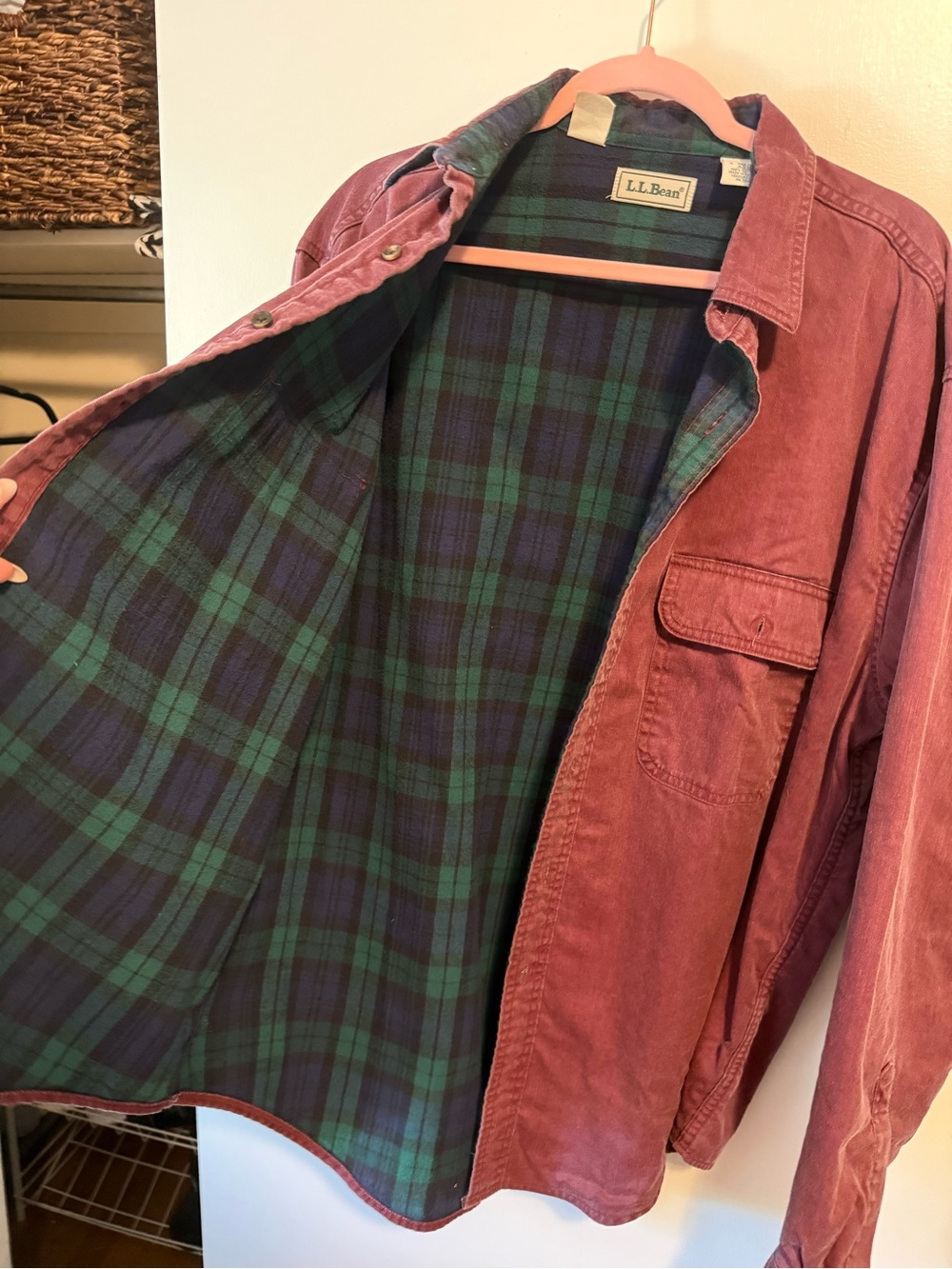 L.L. Bean Burgundy Shirt Jacket with Green & Navy Plaid Lining - Picture 3 of 5